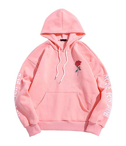 ORANDESIGNE Herren Rosenbrief Vlies Känguru Tasche Kordelzug Hoodie Zur Seite Fahren Kapuzenpullover Grafikdruck Blumendruck Sweatshirt B Rosa L von ORANDESIGNE