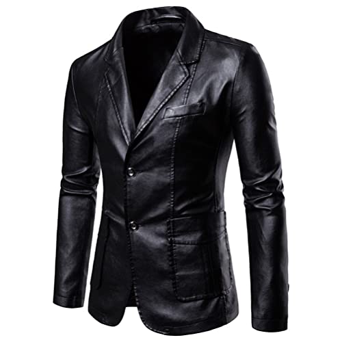 ORANDESIGNE Herren Sakko Slim Fit Blazer Männer Modern Freizeit Jackett Anzugjacke Hochzeit PU Anzug Revers Lederjacke Herbst Winter A Schwarz, XXL von ORANDESIGNE