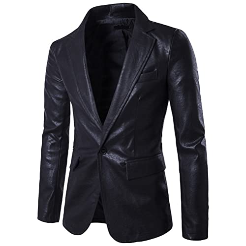 ORANDESIGNE Herren Sakko Slim Fit Blazer Männer Modern Freizeit Jackett Anzugjacke Hochzeit PU Anzug Revers Lederjacke Herbst Winter B Schwarz XL von ORANDESIGNE