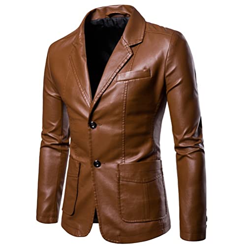 ORANDESIGNE Herren Sakko Slim Fit Männer Blazer Modern Freizeit Sakko Jackett PU Anzug Revers Lederjacke Herrenjacke Herbst Winter A Braun M von ORANDESIGNE