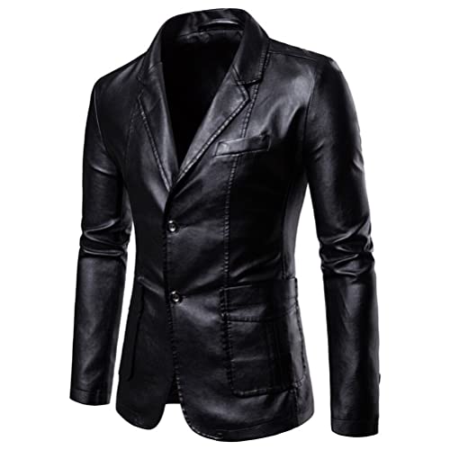 ORANDESIGNE Herren Sakko Slim Fit Männer Blazer Modern Freizeit Sakko Jackett PU Anzug Revers Lederjacke Herrenjacke Herbst Winter A Schwarz XS von ORANDESIGNE