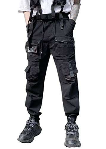 ORANDESIGNE Herren Schwarz Cargohose Arbeit Kampf Techwear Hose Hip Hop Mehrere Taschen Tapered Hosen Schnalle Riemen Jogginghose Freizeit Hose I Schwarz L von ORANDESIGNE