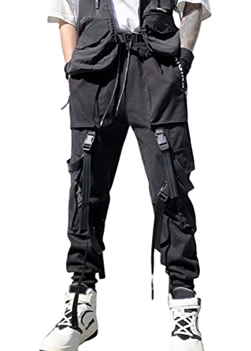 ORANDESIGNE Herren Schwarz Techwear Hose Hip Hop Hose Arbeit Kampf Cargohose Mehrere Taschen Tapered Hosen Schnalle Riemen Jogginghose Punk Hose P Schwarz S von ORANDESIGNE