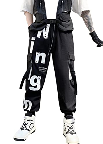 ORANDESIGNE Herren Schwarz Cargohose Arbeit Kampf Techwear Hose Hip Hop Mehrere Taschen Tapered Hosen Schnalle Riemen Jogginghose Sweatpants Q Schwarz XL von ORANDESIGNE