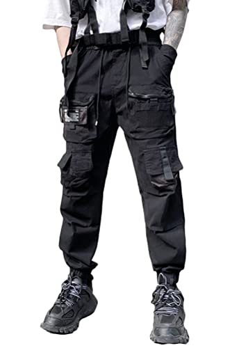 ORANDESIGNE Herren Schwarz Techwear Hose Hip Hop Hose Arbeit Kampf Cargohose Mehrere Taschen Tapered Hosen Schnalle Riemen Jogginghose Punk Hose I Schwarz XL von ORANDESIGNE
