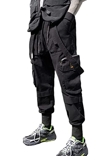 ORANDESIGNE Herren Schwarz Techwear Hose Hip Hop Hose Arbeit Kampf Cargohose Mehrere Taschen Tapered Hosen Schnalle Riemen Jogginghose Punk Hose J Schwarz L von ORANDESIGNE