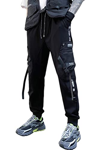 ORANDESIGNE Herren Schwarz Techwear Hose Hip Hop Hose Arbeit Kampf Cargohose Mehrere Taschen Tapered Hosen Schnalle Riemen Jogginghose Punk Hose O Schwarz L von ORANDESIGNE