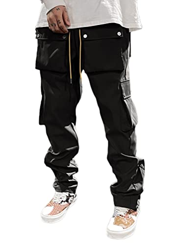 ORANDESIGNE Herren Schwarz Techwear Hose Hip Hop Hose Arbeit Kampf Cargohose Mehrere Taschen Tapered Hosen Schnalle Riemen Jogginghose Punk Hose ZC Schwarz L von ORANDESIGNE