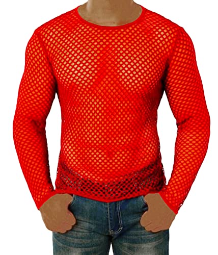 ORANDESIGNE Herren Sexy Transparent T Shirt Glatt Gaze Slim Fit Tops Unterwäsche Reizwäsche Schwarz Unterhemd Netzstruktur Netzhemd mit Langer Ärmel I Rot XL von ORANDESIGNE