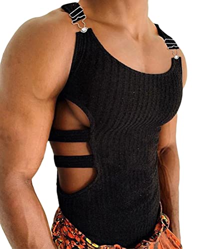 ORANDESIGNE Herren Sexy Y2K Crop Tops Männer Tank Tops Ärmellos Gestricktes T-Shirt Strapsweste mit gerolltem Saum Slim Fit Unterhemden A Schwarz L von ORANDESIGNE