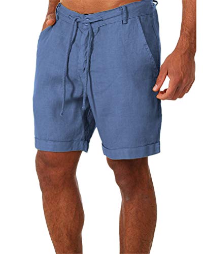 ORANDESIGNE Herren Short Freizeit Baumwolle Leinen Loose Fit Sport Hose Mit Kordel Fitness Shorts Kurze Jogginghose Sport Laufhose mit Taschen A Blau L von ORANDESIGNE