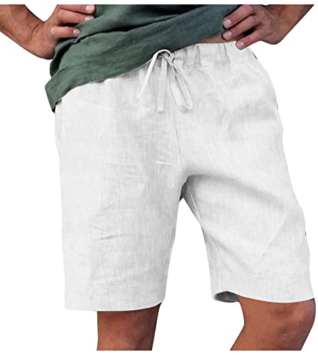 ORANDESIGNE Herren Short Freizeit Baumwolle Leinen Loose Fit Sport Hose Mit Kordel Fitness Shorts Kurze Jogginghose Sport Laufhose mit Taschen C Weiß XL von ORANDESIGNE