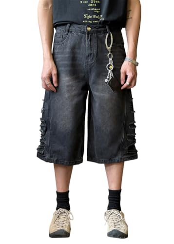 ORANDESIGNE Herren Baggy Shorts Jorts Jungs Kurze Jeans Baggy Y2K Bermuda Shorts Straßentanz Skateboard F Schwarz XXL von ORANDESIGNE