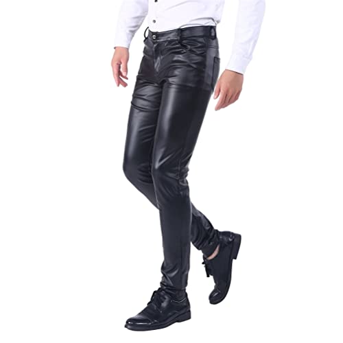 ORANDESIGNE Herren Slim Fit Soft PU Faux Leder Biker Hose Lederhosen wasserdichte Lederhose Weich Motorradhose Business Kunstleder Hosen Warme Winter Fleecehose A Schwarz 4XL von ORANDESIGNE