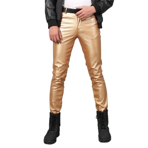 ORANDESIGNE Herren Slim Fit Soft PU Faux Leder Biker Hose Lederhosen wasserdichte Lederhose Weich Motorradhose Business Kunstleder Hosen Warme Winter Fleecehose F Gold 4XL von ORANDESIGNE