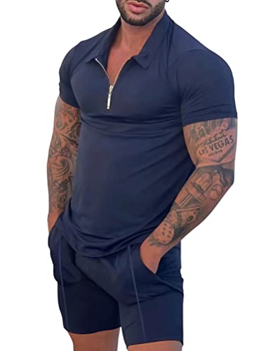 ORANDESIGNE Herren Sommer Sportanzug 2 Teiliges Outfit Sport Set Poloshirt Shorts Und T-Shirt Zip Zweiteiler Jogginganzug Trainingsanzug Laufanzug Freizeitanzug Locker Tracksuit Marineblau M von ORANDESIGNE