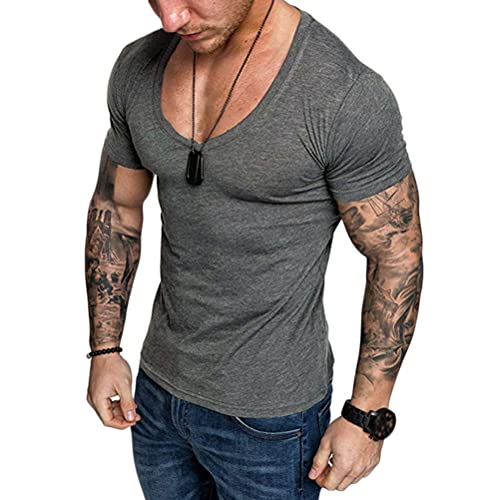 ORANDESIGNE Herren Sommer T-Shirt Basic Kurzarm V-Ausschnitt Slim Fit Moderner Männer Hemd Lässiges Einfarbig Muskel T-Shirt Freizeit Fitness Training Top A Dunkelgrau XS von ORANDESIGNE