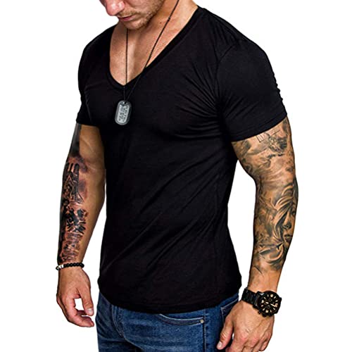 ORANDESIGNE Herren Sommer T-Shirt Basic Kurzarm V-Ausschnitt Slim Fit Moderner Männer Hemd Lässiges Einfarbig Muskel T-Shirt Freizeit Fitness Training Top A Schwarz S von ORANDESIGNE