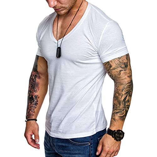 ORANDESIGNE Herren Sommer T-Shirt Basic Kurzarm V-Ausschnitt Slim Fit Moderner Männer Hemd Lässiges Einfarbig Muskel T-Shirt Freizeit Fitness Training Top A Weiß M von ORANDESIGNE