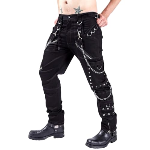 ORANDESIGNE Herren Steampunk Hose mit Ketten Manner Metallverzierung Rockhose Lässige Gothic Hose mit Reißverschluss A Schwarz L von ORANDESIGNE