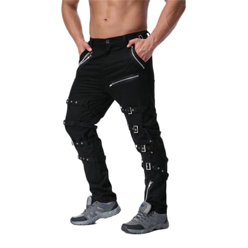 ORANDESIGNE Herren Steampunk Hose mit Ketten Manner Metallverzierung Rockhose Lässige Gothic Hose mit Reißverschluss C Schwarz L von ORANDESIGNE