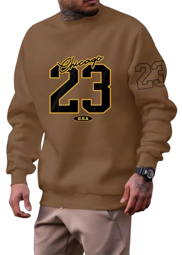 ORANDESIGNE Herren Sweatshirt Pullover Langarm Briefe Drucken Langarmshirt Pulli Ohne Kapuze Classic Basic Rundhals-Ausschnitt Sport Crew Neck Casual Pullover A Braun XL von ORANDESIGNE