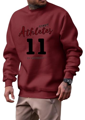 ORANDESIGNE Herren Sweatshirt Pullover Langarm Briefe Drucken Langarmshirt Pulli Ohne Kapuze Classic Basic Rundhals-Ausschnitt Sport Crew Neck Casual Pullover B Weinrot L von ORANDESIGNE