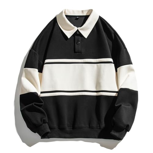 ORANDESIGNE Herren Sweatshirts mit Button-down Kragen Pullover Langarmshirt Ohne Kapuze Hoodies Regular Fit Männer Pulli Winterpullover Basic Einfarbig Poloshirt B Schwarz L von ORANDESIGNE
