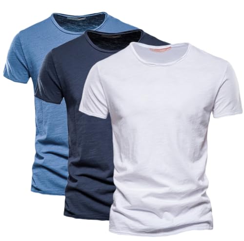 ORANDESIGNE Herren T-Shirt Basic Rundhals 2er/3er Pack Einfarbig Slim Fit Herrenshirt Sommershirt Männer Kurzarm Freizeithemd Casual Leicht Regular Fit T-Shirt B Blau Dunkelblau Weiß S von ORANDESIGNE