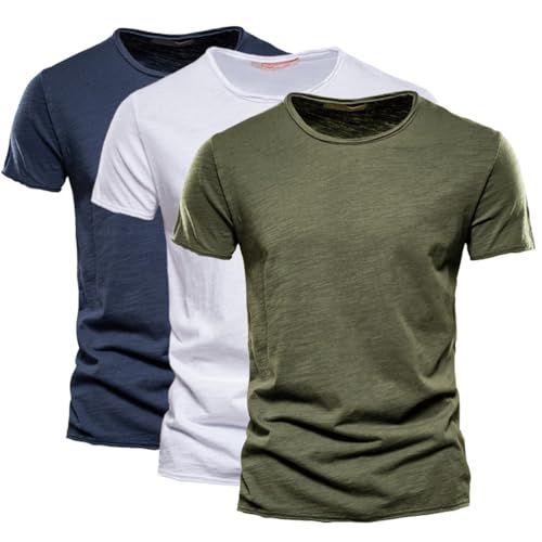 ORANDESIGNE Herren T-Shirt Basic Rundhals 2er/3er Pack Einfarbig Slim Fit Herrenshirt Sommershirt Männer Kurzarm Freizeithemd Casual Leicht Regular Fit T-Shirt B Dunkelblau Weiß Armeegrün XL von ORANDESIGNE