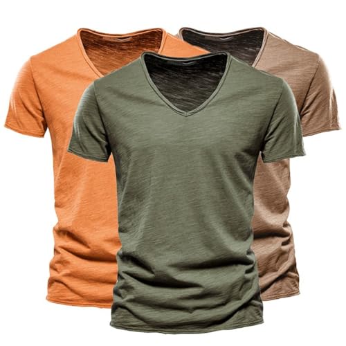 ORANDESIGNE Herren T-Shirt Basic V-Ausschnitt 2er/3er Pack Einfarbig Slim Fit Herrenshirt Sommershirt Männer Kurzarm Freizeithemd Casual Baumwolle Regular Fit T-Shirt B Gelb Armeegrün Kamel XL von ORANDESIGNE