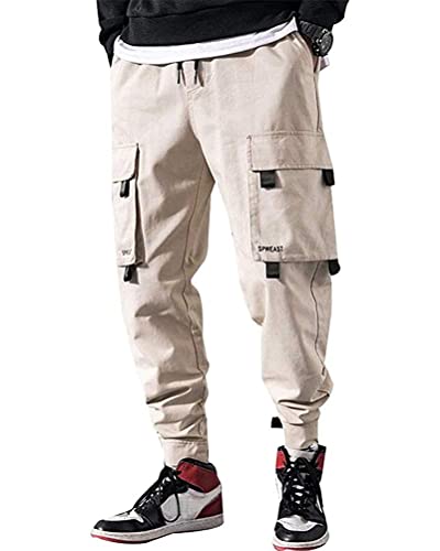 ORANDESIGNE Herren Cargohose Arbeit Kampfhosen Techwear Hose Jogginghose Hip Hop Jogger Hosen Punkhosen mit Mehreren Taschen G Khaki 3XL von ORANDESIGNE