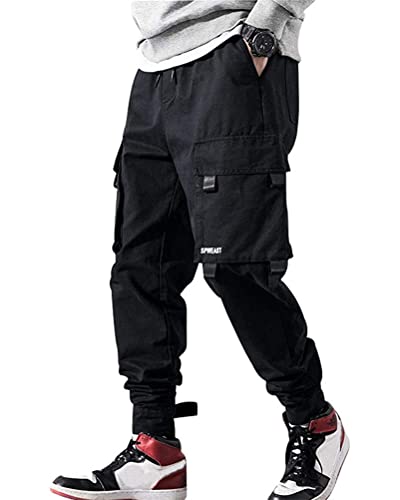 ORANDESIGNE Herren Cargohose Arbeit Kampfhosen Techwear Hose Jogginghose Hip Hop Jogger Hosen Punkhosen mit Mehreren Taschen G Schwarz 3XL von ORANDESIGNE
