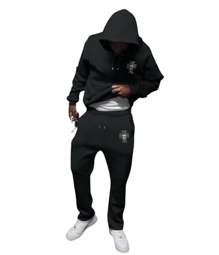 ORANDESIGNE Herren Tracksuit 2 Piece Unisex Damen Trainingsanzug Y2K Hip Hop Streetwear Hoodie Sportanzug Sporthose Buchstaben Druck Lose Sweatshirt D Schwarz XS von ORANDESIGNE