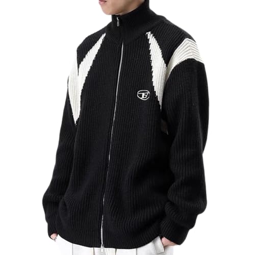 ORANDESIGNE Herren Übergroß Reißverschluss Strickjacke Frauen Y2K Streetwear Stickpullover Lässig Retro Hip Hop Patchwork Tops Wintermantel A Schwarz S von ORANDESIGNE