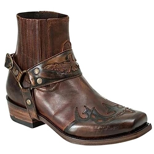 ORANDESIGNE Herren Western Cowboystiefel Vintage Motorradstiefel Winter Männer Leder Kurzschaft Stiefel Unisex Erwachsene Reiterstiefel Arbeitsstiefel 41 EU F Dunkelkaffee von ORANDESIGNE