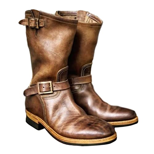 ORANDESIGNE Herren Western Cowboystiefel Vintage Motorradstiefel Winter Männer Leder Kurzschaft Stiefel Unisex Erwachsene Reiterstiefel Arbeitsstiefel B Braun 42 von ORANDESIGNE