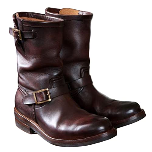 ORANDESIGNE Herren Western Cowboystiefel Vintage Motorradstiefel Winter Männer Leder Kurzschaft Stiefel Unisex Erwachsene Reiterstiefel Arbeitsstiefel B Weinrot 44 von ORANDESIGNE