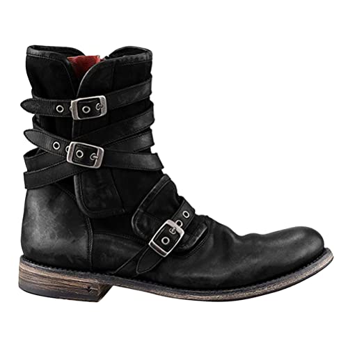 ORANDESIGNE Herren Western Cowboystiefel Vintage Motorradstiefel Winter Männer Leder Kurzschaft Stiefel Unisex Erwachsene Reiterstiefel Arbeitsstiefel D Schwarz 42 von ORANDESIGNE