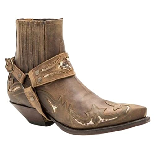 ORANDESIGNE Herren Western Cowboystiefel Vintage Motorradstiefel Winter Männer Leder Kurzschaft Stiefel Unisex Erwachsene Reiterstiefel Arbeitsstiefel G Braun 40 von ORANDESIGNE