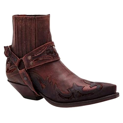 ORANDESIGNE Herren Western Cowboystiefel Vintage Motorradstiefel Winter Männer Leder Kurzschaft Stiefel Unisex Erwachsene Reiterstiefel Arbeitsstiefel G Rot 39 von ORANDESIGNE