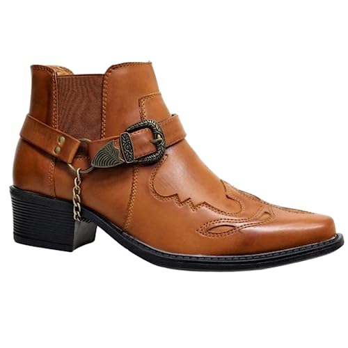 ORANDESIGNE Herren Western Cowboystiefel Vintage Motorradstiefel Winter Männer Leder Kurzschaft Stiefel Unisex Erwachsene Reiterstiefel Arbeitsstiefel I Braun 42 von ORANDESIGNE