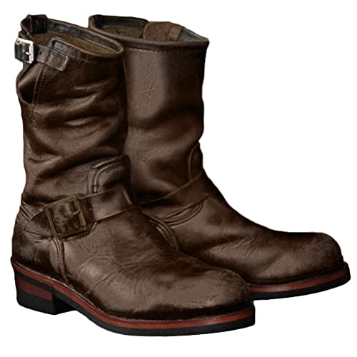 ORANDESIGNE Herren Western Cowboystiefel Vintage Motorradstiefel Winter Männer Leder Kurzschaft Stiefel Unisex Erwachsene Reiterstiefel Arbeitsstiefel B Kaffee 41 von ORANDESIGNE