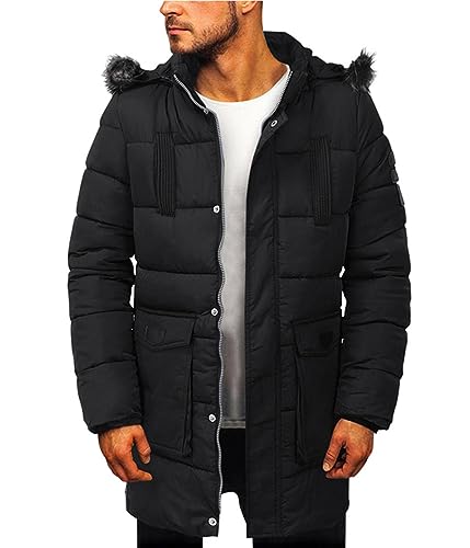 ORANDESIGNE Herren Winterjacke Winter Warm Bomberjacke Steppjacke Wintermantel Kunstfell Leichte Outdoor Puffer Jacket Gepolstert Jacke Lange Steppmantel Mit Kapuze B Schwarz 3XL von ORANDESIGNE