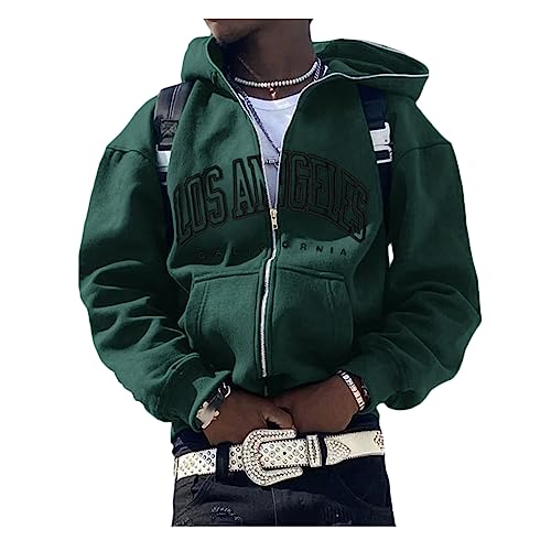 ORANDESIGNE Herren Y2K Jacke Zip Up Hoodies Sterne Motiv Graphics Harajuku für Paare Sweatshirt Vintage Kapuzenjacke Unisex Locker Sweatjacke mit Kapuze 90er E-Girl Top A Armeegrün M von ORANDESIGNE