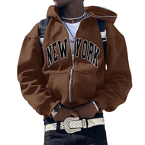 ORANDESIGNE Herren Y2K Jacke Zip Up Hoodies Sterne Motiv Graphics Harajuku für Paare Sweatshirt Vintage Kapuzenjacke Unisex Locker Sweatjacke mit Kapuze 90er E-Girl Top A Braun M von ORANDESIGNE