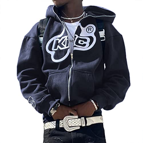 ORANDESIGNE Herren Hoodie Pullover Jacke Beschriftung Drucken Harajuku für Paare Kapuzenpullover Vintage Kapuzenjacke Unisex Locker Sweatjacke mit Kapuze 90er E-Girl Top A Dunkelblau M von ORANDESIGNE