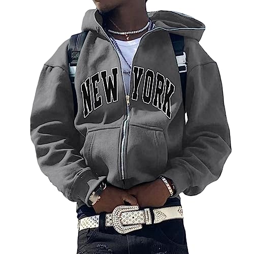 ORANDESIGNE Herren Y2K Jacke Zip Up Hoodies Sterne Motiv Graphics Harajuku für Paare Sweatshirt Vintage Kapuzenjacke Unisex Locker Sweatjacke mit Kapuze 90er E-Girl Top A Dunkelgrau M von ORANDESIGNE