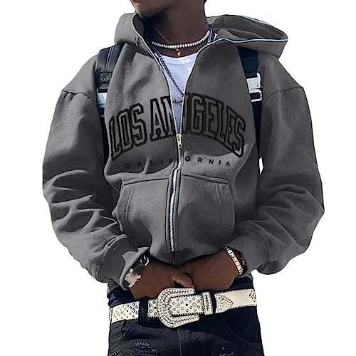 ORANDESIGNE Herren Y2K Jacke Zip Up Hoodies Sterne Motiv Graphics Harajuku für Paare Sweatshirt Vintage Kapuzenjacke Unisex Locker Sweatjacke mit Kapuze 90er E-Girl Top A Dunkelgrau S von ORANDESIGNE