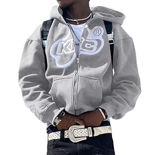 ORANDESIGNE Herren Y2K Jacke Zip Up Hoodies Sterne Motiv Graphics Harajuku für Paare Sweatshirt Vintage Kapuzenjacke Unisex Locker Sweatjacke mit Kapuze 90er E-Girl Top A Grau 3XL von ORANDESIGNE